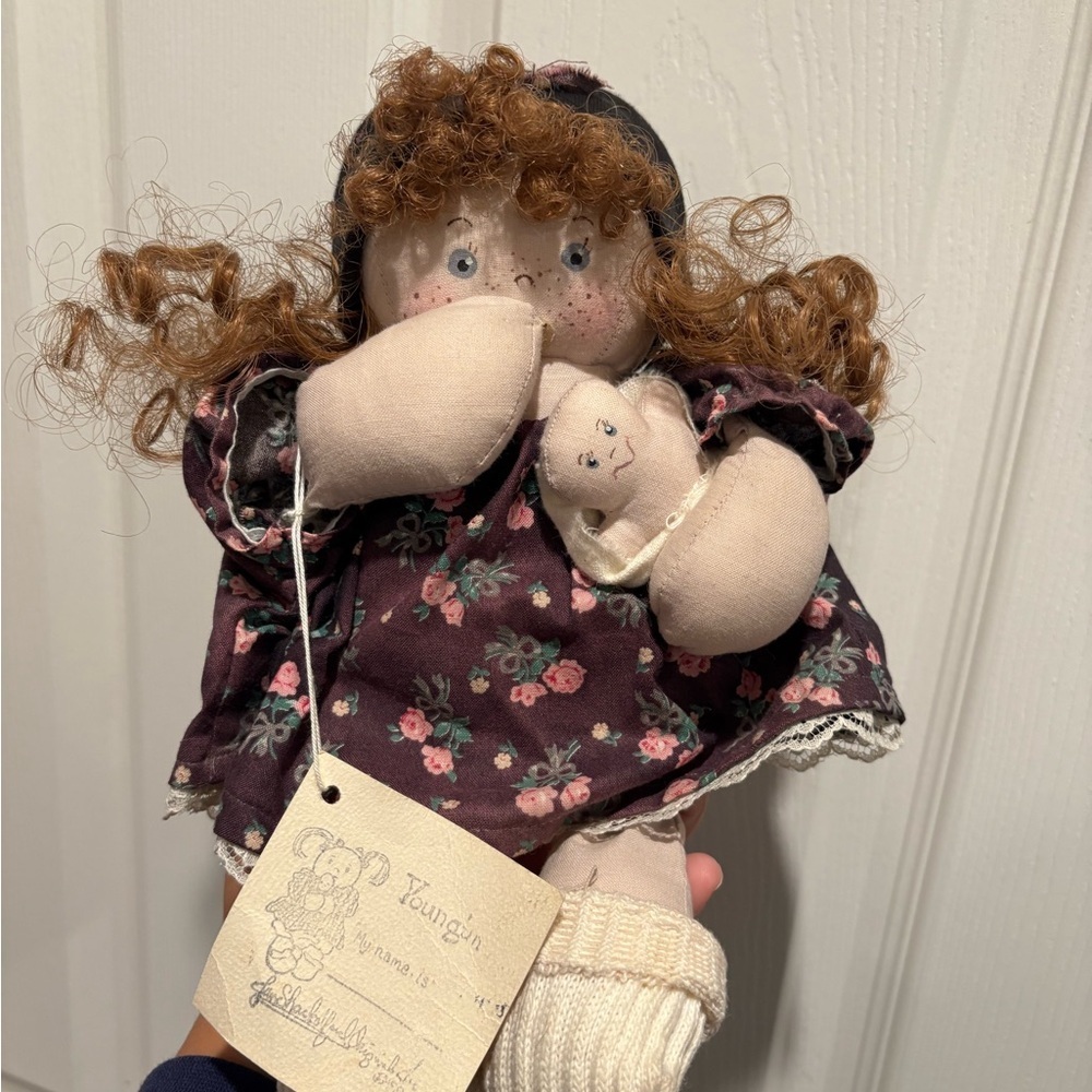 Jan Shackelford 1991 Vintage Cloth Doll Sucking Thumb and Holding Small Fry